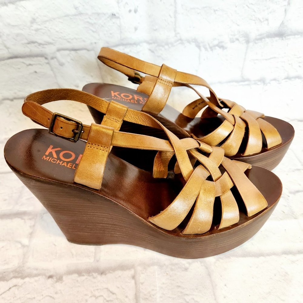 MICHAEL KORS Platform Wood Wedges Leather Tan Sz. 7